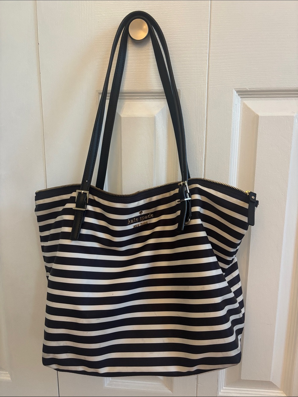 kate spade Black and White Striped Tote with Black Straps